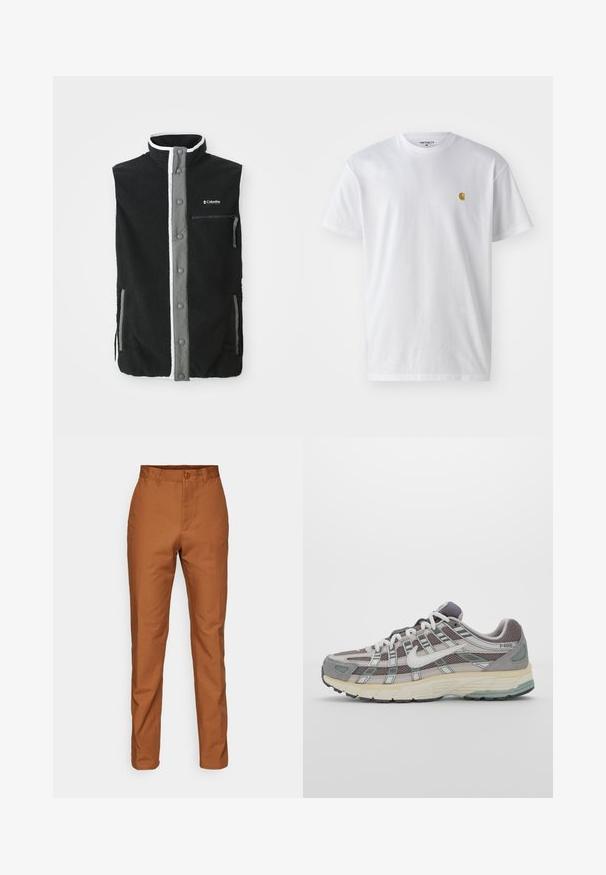 Črn flisasti brezrokavnik z sivo gumbasto prednjo zaponko, žepom na prsih z zadrgo, dvema stranskima žepoma in logotipom Columbia Sportswear na prsih.; Bela bombažna majica s kratkimi rokavi, krožnim ovratnikom, z majhnim zlatim logotipom na levem prsnem predelu. Mehka tekstura in običajen kroj.; Rjave bombažne hlače s ravnim krojem, z gumbom za zapiranje in stranskimi žepi. Gladka tekstura z enotno barvo po celotni površini.; Sive športne čevlje z zgornjim delom iz mrežastega in semiš materiala, belimi akcenti, oblazinjenim podplatom ter edinstvenim dizajnom z odsevnimi elementi.