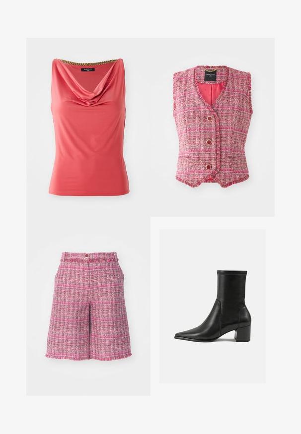 Lyserød tweed ærmeløs vest med V-hals, prydet med guldfarvede knapper og en struktureret overflade. Indersiden er foret med ensfarvet lyserødt stof.; Koralfarvet ærmeløs top med draperet halsudskæring og guld kædedetalje ved kraven. Glat, strækbart stof med tætsiddende pasform og uden mønstre.; Lyserøde tweed-shorts med et tekstureret mønster og frynsede kanter. Har en talje med knaplukning. Letvægtsstof, længde til midt på låret.; Sorte ankelstøvler lavet af glat læder, med spids tå, en blokhæl og markant hævet syning ved den øverste kant.