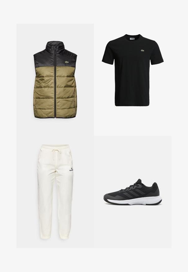 Pufinė liemenė su juodu viršumi ir alyvuogių žaliais apačioje. Yra aukštas apykaklė, priekinis užtrauktukas ir mažas logotipas kairėje krūtinės pusėje.; Juodas medvilninis marškinėliai su apvaliu kaklu, trumpomis rankovėmis ir mažu žaliu krokodilo logotipu kairėje krūtinės pusėje. Lygi tekstūra, kasdieniškas dizainas.; Kreminės spalvos, lengvos audinio kelnės su elastine juostos ir raišteliu. Su siaurėjančiomis kojomis ir mažyte juoda logotipo detale.; Juodas sportinis batelis su tekstūruota viršutine dalimi, trimis horizontaliomis juostelėmis ir baltu padu su raštuotu protektoriumi. Lengvas ir aerodinamiškas dizainas.