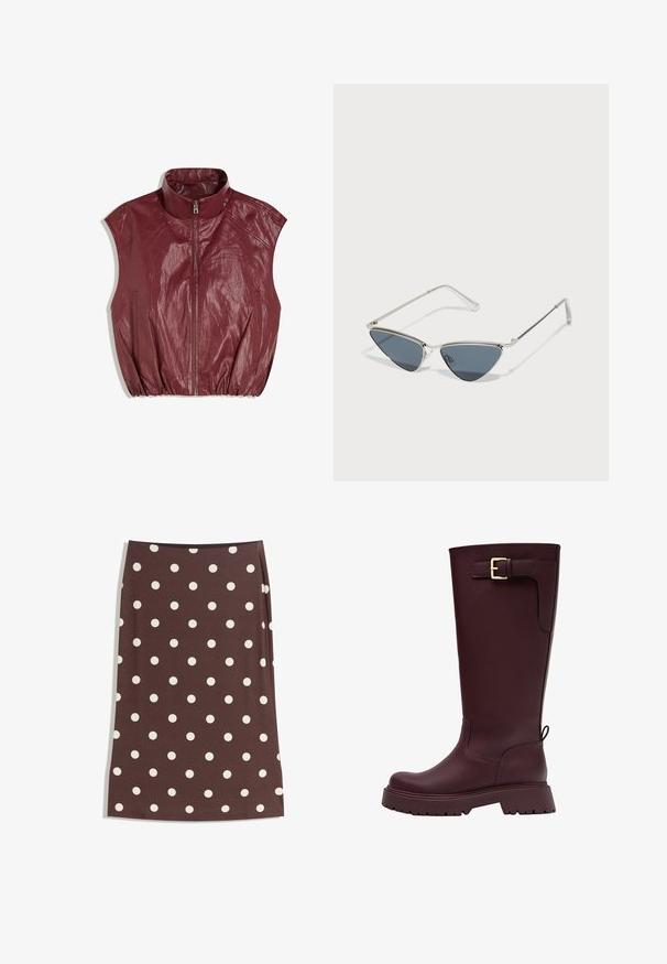 Burgundská bezrukávová vesta vyrobená z texturovaného materiálu, s vysokým límcem, předním zipem a nařaseným spodním lemem.; Dvě topy bez ramínek: jeden černý a jeden bílý, s tříčtvrtinovými rukávy, vyrobené z měkké bavlny s hladkým povrchem.; Hnědá sukně s bílými puntíky, rovný střih, ke kolenům, vyrobená z hladké látky s elastickým pasem.; Bordeaux vysoké gumové boty s plochou podrážkou, bočním detailem přezky a texturovaným gripem, s hladkým povrchem a robustní konstrukcí.; ALDO DELISE UNISEX - Sluneční brýle - silver-coloured; Tmavě hnědá semišová kabelka ve tvaru půlměsíce s pleteným popruhem a malým zlatým logem Guess na přední straně, zapínání na zip.