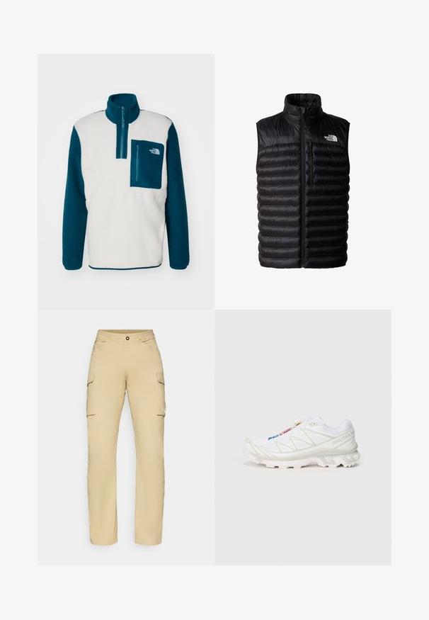 Svart puffy väst med hög krage, fullängdsdragkedja och dragkedjeförsedd bröstficka. Har ett quiltat mönster och The North Face-logotyp.; The North Face YUMIORI 1/4 ZIP - Fleecetröja - white dune/midnight petrol/mallard blue; Beiga cargo byxor med rak passform, utrustade med två sidofickor, knappstängning och logodetalj på låret. Lättviktsmaterial.; Vit träningssko med texturerad mesh-övre, reflexdetaljer och en dämpad sula. Framträdande varumärkeslogotyp på sidan.