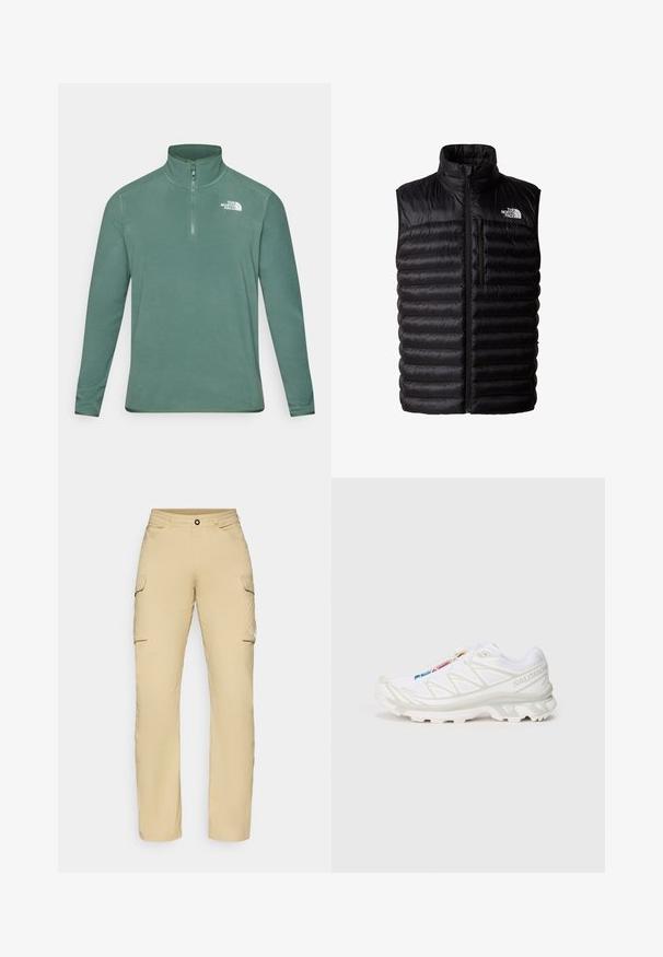 Schwarze Daunenweste mit hohem Kragen, durchgehendem Reißverschluss und Brusttasche mit Reißverschluss. Enthält ein gestepptes Muster und das Logo von The North Face.; Grüner Fleece-Pullover mit hohem Kragen und halbem Reißverschluss. Mit langen Ärmeln und einem weißen Logo auf der oberen linken Brust. Glatte Textur.; Beige Cargo-Arbeitshosen mit geradem Schnitt, ausgestattet mit zwei seitlichen Taschen, einem Knopfverschluss und einem Logo-Detail am Oberschenkel. Leichtes Material.; Weiße Sportlich-Schuh mit strukturiertem Mesh-Obermaterial, reflektierenden Akzenten und einer gepolsterten Sohle. Auffälliges Markenlogo an der Seite.