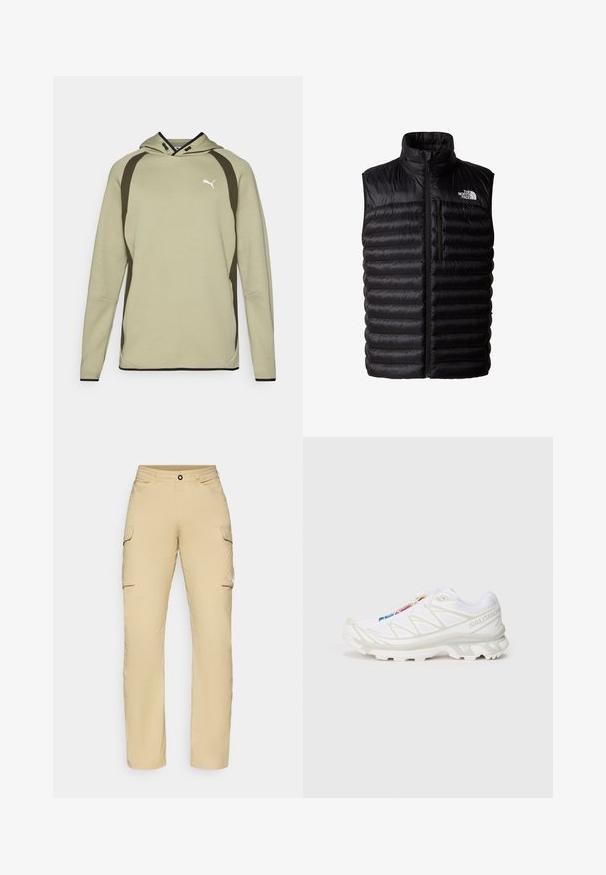 Gilet nero imbottito con colletto alto, zip a tutta lunghezza e tasca sul petto con zip. Presenta un motivo trapuntato e il logo The North Face.; Felpa verde chiaro con tasca a marsupio, dettagli neri lungo i lati e l'orlo, e logo bianco sul petto. Materiale morbido e testurizzato.; Pantaloni cargo beige a gamba dritta, con due tasche laterali, chiusura a bottone e dettaglio logo sulla coscia. Tessuto leggero.; Scarpa da ginnastica bianca con tomaia in rete testurizzata, dettagli riflettenti e suola ammortizzata. Logo del marchio ben visibile sul lato.