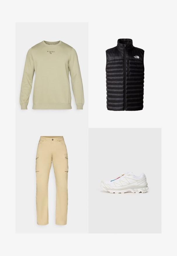 Mustat pörröliivit, joissa on korkea kaulus, täysimittainen vetoketju ja vetoketjullinen rintatasku. Varustettu tikattulla kuviolla ja The North Face -logolla.; Vaaleanvihreä pitkähihainen huppari, jossa on pyöreä pääntie ja ribbimuotoillut hihansuut. Rintamassa on musta "HYROX" -teksti ja Puma-logo. Suhdanteeltaan sileä.; Beige cargo-housut suoralinjaisella leikkauksella, joissa on kaksi sivutaskua, nappikiinnitys ja logodetaili reiden kohdalla. Kevyt kangas.; Valkoiset urheilukengät, joissa on teksturoitu verkkomateriaali, heijastavat yksityiskohdat ja pehmustettu pohja. Huomattava brändilogo sivussa.