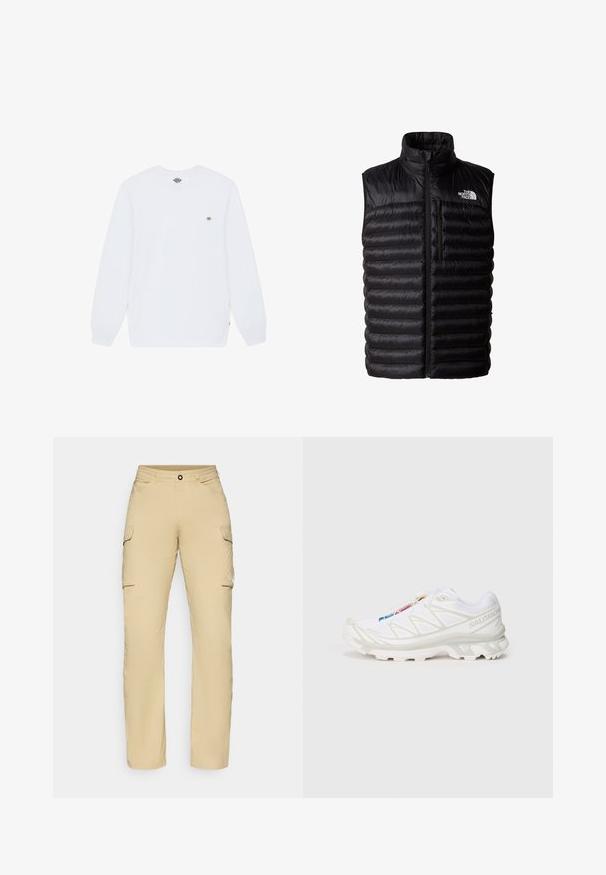 Černá plyšová vesta s vysokým límcem, plným zipem a kapsou na zip na hrudi. Obsahuje prošívaný vzor a logo The North Face.; Bílá dlouhá halenka s kulatým výstřihem, vyrobená z bavlny, s malým logem na hrudi a žebrovanými manžetami. Hladká textura, bez vzorů.; Béžové cargo kalhoty se rovný střihem, obsahující dvě boční kapsy, zapínání na knoflík a.logo detail na stehně. Lehká látka.; Bílé sportovní boty s texturovaným síťovaným svrškem, reflexními akcenty a polstrovanou podešví. Výrazné logo značky na boku.
