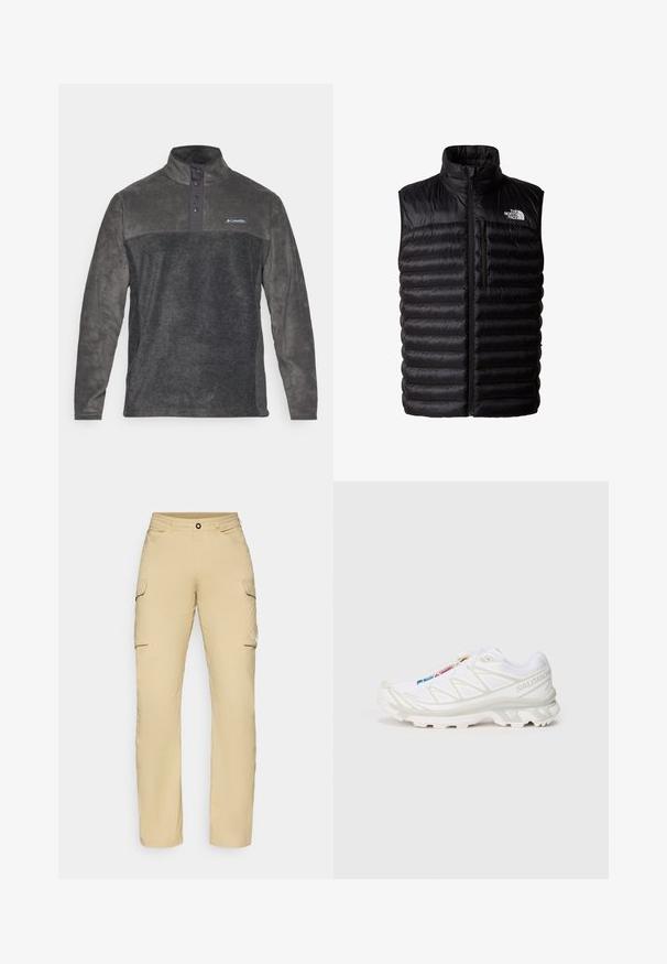 Czarna puchowa kamizelka z wysokim kołnierzem, pełnym zamkiem błyskawicznym i zamkniętą na zamek kieszenią na piersi. Oferuje pikowaną strukturę oraz logo The North Face.; Szary polarowy sweter z wysokim kołnierzem, czteroma guzikami oraz kontrastowym materiałem na ramionach. Posiada logo Columbia na piersi.; Beżowe spodnie cargo o prostym kroju, z dwoma kieszeniami bocznymi, zapięciem na guzik oraz detalem z logo na udzie. Lekki materiał.; Białe buty sportowe z teksturowaną siateczką, odblaskowymi akcentami i wyprofilowaną podeszwą. Zauważalne logo marki z boku.