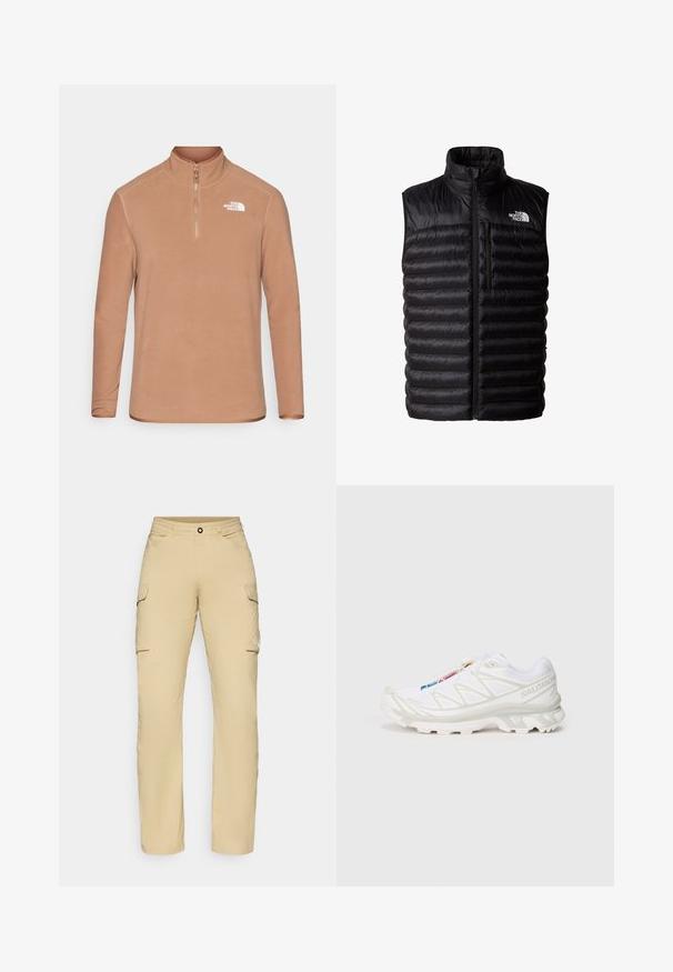 Schwarze Daunenweste mit hohem Kragen, durchgehendem Reißverschluss und Brusttasche mit Reißverschluss. Enthält ein gestepptes Muster und das Logo von The North Face.; Brauner Fleece-Pullover mit hohem Kragen, halbem Reißverschluss und langen Ärmeln. Mit einem weißen Logo auf der linken Brust und einer glatten Textur.; Beige Cargo-Arbeitshosen mit geradem Schnitt, ausgestattet mit zwei seitlichen Taschen, einem Knopfverschluss und einem Logo-Detail am Oberschenkel. Leichtes Material.; Weiße Sportlich-Schuh mit strukturiertem Mesh-Obermaterial, reflektierenden Akzenten und einer gepolsterten Sohle. Auffälliges Markenlogo an der Seite.