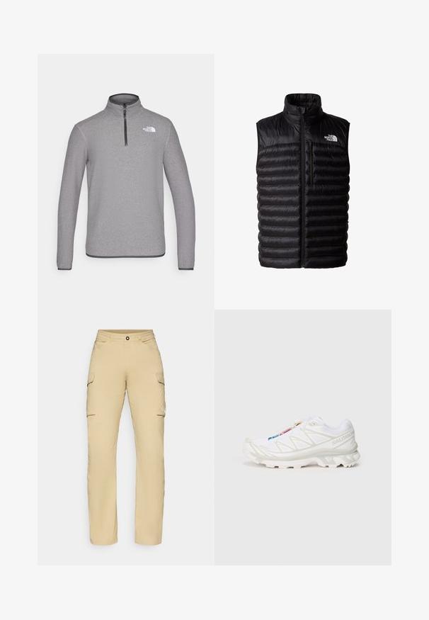 Gilet nero imbottito con colletto alto, zip a tutta lunghezza e tasca sul petto con zip. Presenta un motivo trapuntato e il logo The North Face.; Pullover in pile grigio a maniche lunghe con collo a mezza zip, dotato di un collo aderente e un piccolo logo bianco sulla parte superiore sinistra del petto.; Pantaloni cargo beige a gamba dritta, con due tasche laterali, chiusura a bottone e dettaglio logo sulla coscia. Tessuto leggero.; Scarpa da ginnastica bianca con tomaia in rete testurizzata, dettagli riflettenti e suola ammortizzata. Logo del marchio ben visibile sul lato.