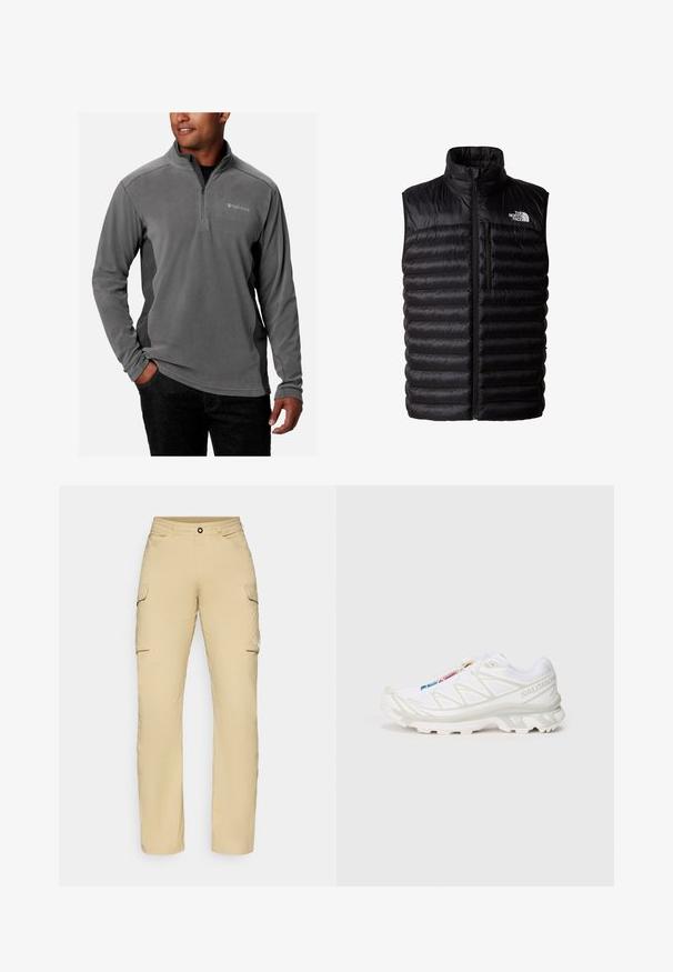 Sort puffy vest med høj krave, fuld længde lynlås og lynlåslomme på brystet. Har quiltet mønster og The North Face logo.; Grå fleecepullover med kvart-lynlås design, blød tekstur, lange ærmer og logo på brystet. Accentueret med kontrasterende sidepaneler.; Beige cargo bukser med lige pasform, der har to sidelommer, en knaplukning og logo detalje på låret. Letvægtsstof.; Hvid sportssko med tekstureret mesh-overdel, reflekterende detaljer og en polstret sål. Bemærkelsesværdigt mærke-logo på siden.