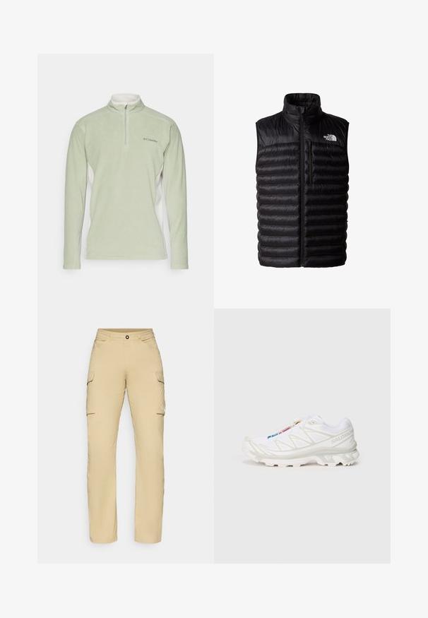 Schwarze Daunenweste mit hohem Kragen, durchgehendem Reißverschluss und Brusttasche mit Reißverschluss. Enthält ein gestepptes Muster und das Logo von The North Face.; Hellgrüner Fleece-Pullover mit hohem Kragen und halbem Reißverschluss. Hat weiße Seitenpaneele und ein kleines Logo auf der Brust. Weicher Stoff.; Beige Cargo-Arbeitshosen mit geradem Schnitt, ausgestattet mit zwei seitlichen Taschen, einem Knopfverschluss und einem Logo-Detail am Oberschenkel. Leichtes Material.; Weiße Sportlich-Schuh mit strukturiertem Mesh-Obermaterial, reflektierenden Akzenten und einer gepolsterten Sohle. Auffälliges Markenlogo an der Seite.