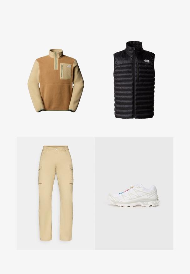 Černá plyšová vesta s vysokým límcem, plným zipem a kapsou na zip na hrudi. Obsahuje prošívaný vzor a logo The North Face.; Fleeceový pulovr v hnědé a béžové barvě s polovičním zipem, přední kapsou na hrudi a logem The North Face na levé straně. Texturovaná látka.; Béžové cargo kalhoty se rovný střihem, obsahující dvě boční kapsy, zapínání na knoflík a.logo detail na stehně. Lehká látka.; Bílé sportovní boty s texturovaným síťovaným svrškem, reflexními akcenty a polstrovanou podešví. Výrazné logo značky na boku.