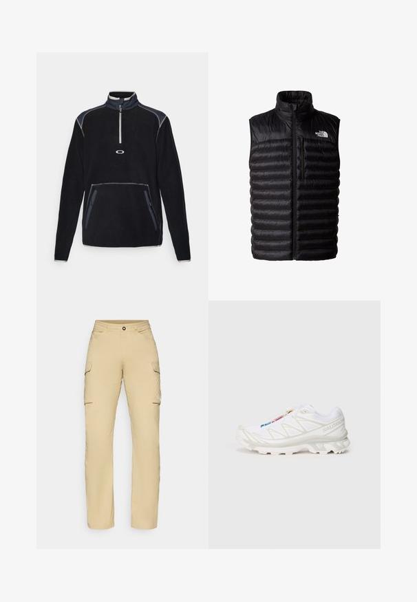 Svart puffy väst med hög krage, fullängdsdragkedja och dragkedjeförsedd bröstficka. Har ett quiltat mönster och The North Face-logotyp.; Fleece-pullov i svart med hög krage, halvdragkedja fram, två sidofickor och kontrastsömmar i grå och marinblå accenter.; Beiga cargo byxor med rak passform, utrustade med två sidofickor, knappstängning och logodetalj på låret. Lättviktsmaterial.; Vit träningssko med texturerad mesh-övre, reflexdetaljer och en dämpad sula. Framträdande varumärkeslogotyp på sidan.