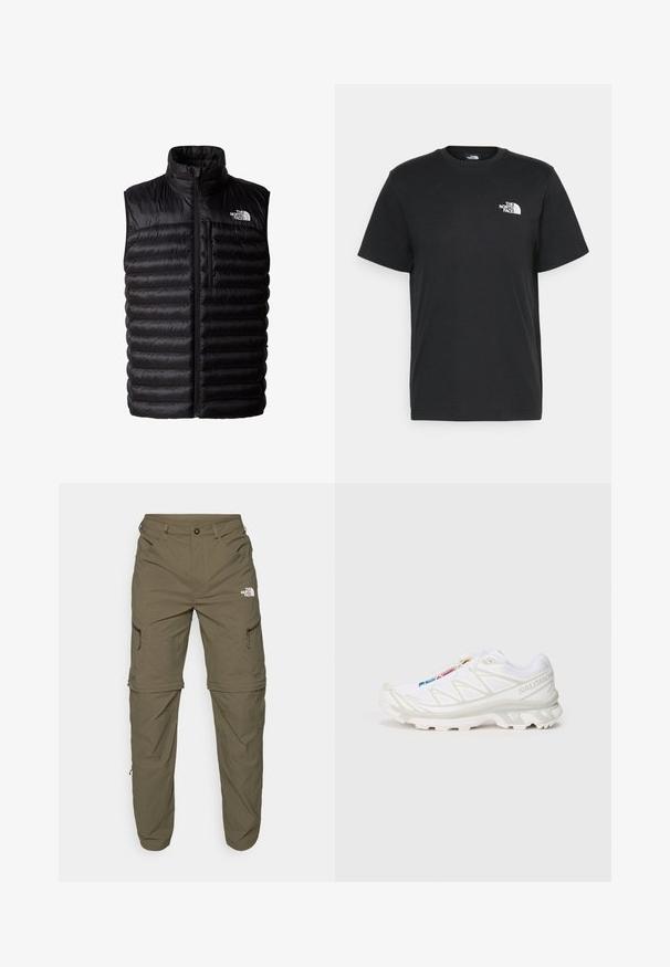 Mustat pörröliivit, joissa on korkea kaulus, täysimittainen vetoketju ja vetoketjullinen rintatasku. Varustettu tikattulla kuviolla ja The North Face -logolla.; Musta puuvillainen t-paita lyhyillä hihoilla, pyöreällä kaula-aukkolla ja pienellä valkoisella logolla vasemmassa rinnassa. Yksinkertainen muotoilu, sileä pinta ja rento istuvuus.; The North Face EXPLORATION TAPERED CONVERTIBLE - Ulkohousut - new taupe green; Valkoiset urheilukengät, joissa on teksturoitu verkkomateriaali, heijastavat yksityiskohdat ja pehmustettu pohja. Huomattava brändilogo sivussa.