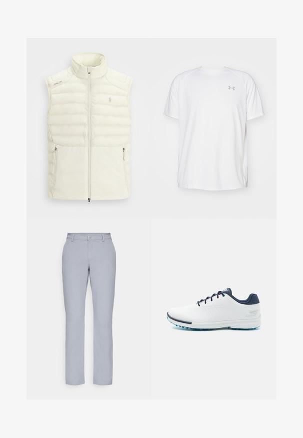 Weißer Puffer-Weste mit hohem Kragen, Reißverschluss auf der Vorderseite, seitlichen Taschen und dezentem gestepptem Design; mit einem kleinen Logo auf der Brust.; Weißes kurzärmeliges Sportshirt aus glattem Material. Mit Rundhalsausschnitt und grauem Logo auf der linken Brust, sowie seitlichen Schlitzen am Saum.; Hellgraue Hose mit geradem Schnitt, Knopfverschluss, Fronttaschen und einem glatten, strukturierten Stoff. Minimalistisches Design, keine Muster.; Weiße Sportschuhe mit einem glatten synthetischen Obermaterial, blauen Akzenten, strukturiertem marineblauen Absatz und einer leichten, genoppten Sohle für besseren Halt.