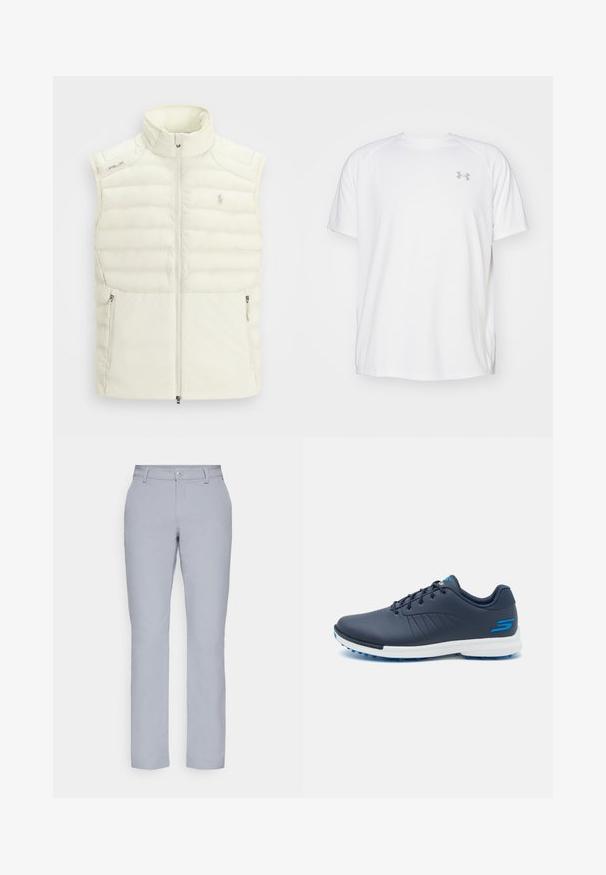 Fehér puffervest magas gallérral, cipzáros elülső résszel, oldalsó zsebekkel és finoman steppelt mintával; kis logóval a mellkason.; Fehér, rövid ujjú sportpóló sima anyagból. Kerek nyakkivágással és szürke logóval a bal mellkasnál, az alján oldalsó hasítékokkal.; Világosszürke nadrág egyenes szabással, gombos záródással, elülső zsebekkel és sima, texturált anyaggal. Minimalista dizájn, minta nélkül.; Sötétkék golfcipők elegáns kialakítással, szintetikus felsőrész, fehér középtalpa és kék gumi tüskék. Légáteresztő perforációkkal rendelkezik.