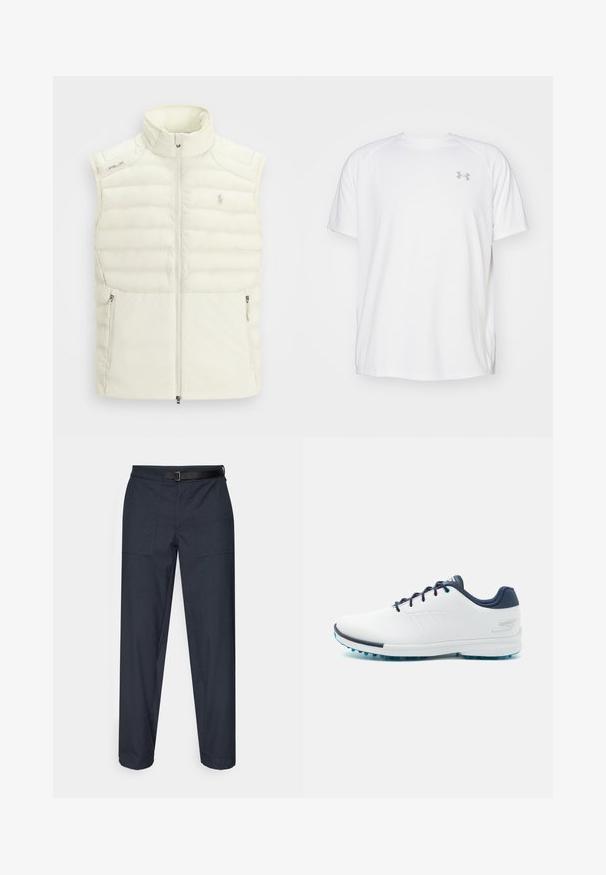 White puffer vest with a high collar, zippered front, side pockets, and subtle quilted design; features a small logo on the chest.; White short-sleeve athletic shirt made of smooth fabric. Features a crew neck and gray logo on the left chest, with side slits at the hem.; Dark navy trousers with a straight cut, featuring two front pockets, a black adjustable belt, and a smooth texture.; White athletic shoes with a smooth synthetic upper, blue accents, textured navy heel, and a lightweight, spiked sole for traction.