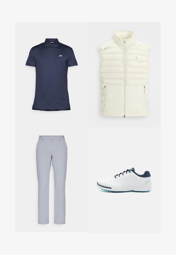 Fehér puffervest magas gallérral, cipzáros elülső résszel, oldalsó zsebekkel és finoman steppelt mintával; kis logóval a mellkason.; Sötétkék pólóing sima anyagból, gombos gallérral és egy kis fehér logóval a bal mellen. Rövid ujjak.; Világosszürke nadrág egyenes szabással, gombos záródással, elülső zsebekkel és sima, texturált anyaggal. Minimalista dizájn, minta nélkül.; Fehér sportcipők sima szintetikus felsőrésszel, kék díszítéssel, texturált sötétkék sarokkal és könnyű, tüskés talppal a tapadás érdekében.