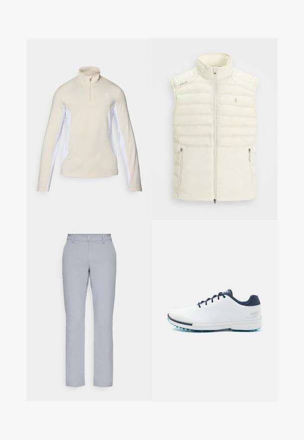 Vit puffer-väst med hög krage, dragkedja framtill, sidofickor och subtila quiltade detaljer; har en liten logo på bröstet.; Beige långärmad tröja med fyrdelad dragkedja, med vita sidpaneler och en liten logotyp på bröstet. Slät tygstruktur.; Ljusgrå byxor med rak skärning, knappstängning, framfickor och ett slätt, strukturerat tyg. Minimalistisk design, inga mönster.; Vita sportskor med en slät syntetisk ovandel, blå akcentuerade delar, strukturerad marinblå häl och en lätt, spetsad sula för bra grepp.