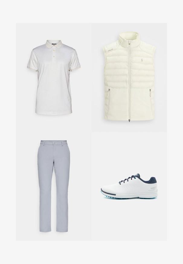 Hvit puffervest med høy krage, glidelås foran, sidelommer og subtil quiltet design; har en liten logo på brystet.; Lys beige krage polo skjorte med et subtilt geometrisk mønster. Har en tre-knapp placket og rullede mansjetter, laget av et mykt materiale.; Lys grå bukser med rett snitt, knappelukking, frontlommer og et glatt, strukturert stoff. Minimalistisk design, uten mønstre.; Hvite idrettssko med en glatt syntetisk overdel, blå detaljer, teksturert marineblå hæl og en lett, pigget såle for bedre grep.