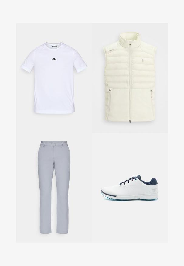 Vit puffer-väst med hög krage, dragkedja framtill, sidofickor och subtila quiltade detaljer; har en liten logo på bröstet.; Vit kortärmad idrottströja i lättviktsmaterial. Har en subtil svart logotyp på bröstet och en ergonomisk sömdesign för komfort.; Ljusgrå byxor med rak skärning, knappstängning, framfickor och ett slätt, strukturerat tyg. Minimalistisk design, inga mönster.; Vita sportskor med en slät syntetisk ovandel, blå akcentuerade delar, strukturerad marinblå häl och en lätt, spetsad sula för bra grepp.