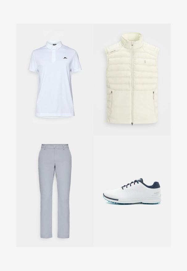 Vit puffer-väst med hög krage, dragkedja framtill, sidofickor och subtila quiltade detaljer; har en liten logo på bröstet.; J.LINDEBERG Sports PEAT - Piké - white; Ljusgrå byxor med rak skärning, knappstängning, framfickor och ett slätt, strukturerat tyg. Minimalistisk design, inga mönster.; Vita sportskor med en slät syntetisk ovandel, blå akcentuerade delar, strukturerad marinblå häl och en lätt, spetsad sula för bra grepp.