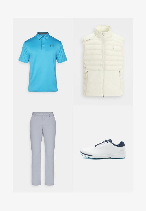 Valge puffvest kõrge krae, lukuga ees, küljetaskud ja peen tikand; esiküljel on väike logo.; Sinine polo särk, mis on valmistatud tekstuurses kangas, millel on krae, kolme nupuga värv ja väike must logo vasakul rinnal.; Heledad hallgrayd püksid, sirge lõikega, nööbiga sulgemine, esiosakud ja sile, tekstuuriga kangas. Minimalistlik disain, ilma mustriteta.; Valged spordijalanõud sileda sünteetilise ülemise osaga, siniste aksentidega, tekstureeritud tumesinise kontsaga ja kergest, narmastega tallaga hea haarduvuse tagamiseks.