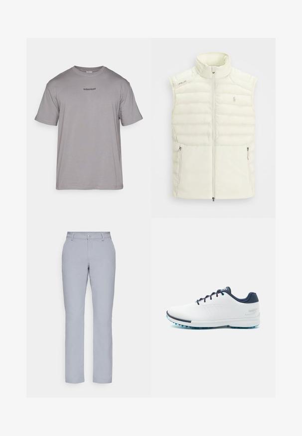 Vesta pufo alb, cu guler înalt, fermoar frontal, buzunare laterale și un design subtil matlasat; prezintă un logo mic pe piept.; Tricou din bumbac gri cu decolteu la baza gâtului. Are mâneci scurte și un mic logo brodat într-un gri mai închis pe piept.; Pantaloni gri deschis cu o croială dreaptă, închidere cu nasture, buzunare frontale și un material neted, texturat. Design minimalist, fără modele.; Pantofi sport albi cu un uppersintetic neted, accente albastre, toc texturat în nuanță de marine și o talpă ușoară cu țepii pentru aderență.