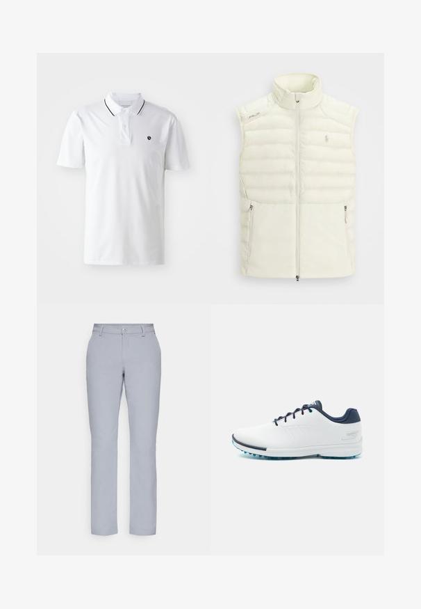 Fehér puffervest magas gallérral, cipzáros elülső résszel, oldalsó zsebekkel és finoman steppelt mintával; kis logóval a mellkason.; Fehér póló, rövid ujjú, két gombos nyakkivágással és fekete díszítéssel a galléron. A mellkason egy apró fekete logó található.; Világosszürke nadrág egyenes szabással, gombos záródással, elülső zsebekkel és sima, texturált anyaggal. Minimalista dizájn, minta nélkül.; Fehér sportcipők sima szintetikus felsőrésszel, kék díszítéssel, texturált sötétkék sarokkal és könnyű, tüskés talppal a tapadás érdekében.