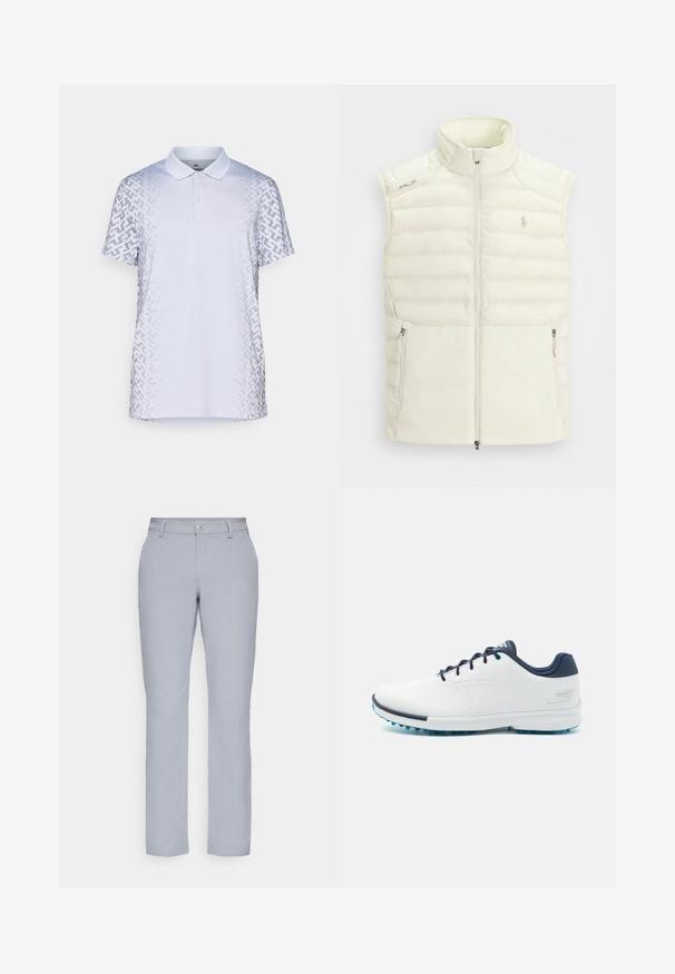 Valkoinen puffatettu liivi, jossa on korkea kaulus, vetoketjukiinnitys, sivutaskut ja hienovarainen tikattu muotoilu; rintataskussa on pieni logo.; Pikepaita vaaleansinisellä värillä, vasemmalla puolella teksturoitu kuvio, klassinen kaulus, lyhyet hihat ja nappikiinnitys.; Harmaat suorat housut, nappikiinnitys, etutaskut ja sileä, teksturoitu kangas. Minimalistinen muotoilu, ilman kuvioita.; Valkoiset urheilukengät sileällä synteettisellä päällisellä, siniset yksityiskohdat, teksturoitu tummansininen kantapää ja kevyet, piikkiset pohjat pidon lisäämiseksi.