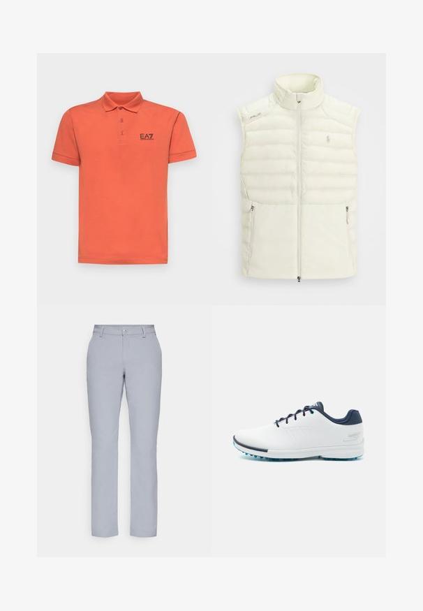 Biely nadýchaný vest s vysokým golierom, zipsom vpredu, bočnými vreckami a jemným prešívaným vzorom; na hrudi sa nachádza malé logo.; EA7 Emporio Armani TRAIN CORE - Polokošeľa - summer fig; Svetlošedé nohavice s rovnými nohavicami, zapínaním na gombík, prednými vreckami a hladkým, štruktúrovaným materiálom. Minimalistický dizajn, bez vzorov.; Biele atletické topánky s hladkým syntetickým vrchom, modrými akcentmi, texturovaným námorníckym opätkom a ľahkou, hrotovanou podrážkou pre trakciu.