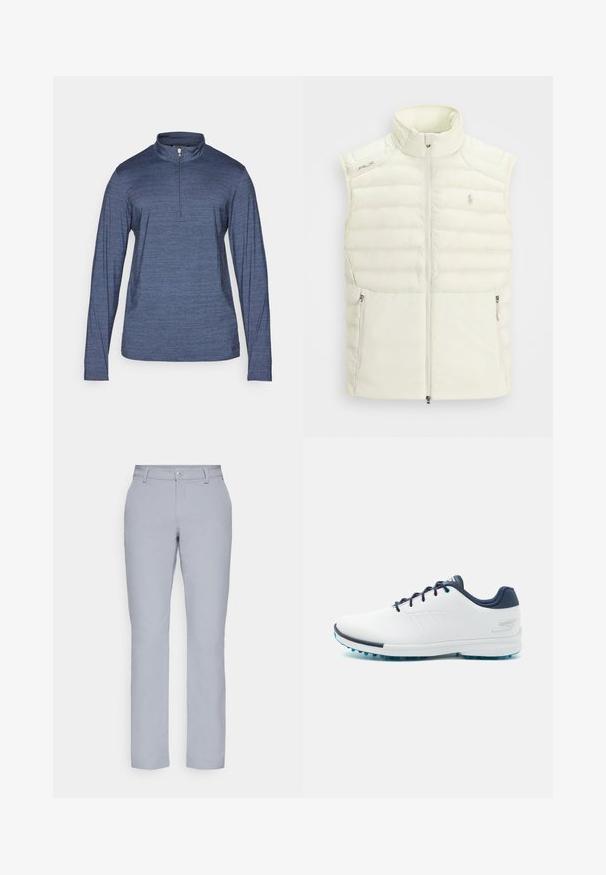 Balta pūkinė liemenė su aukštu apykakle, zip užtrauktuku, šoninėmis kišenėmis ir subtiliu siuvinėjimu; ant krūtinės yra maža logo.; TravisMathew THE HEATER 1/4 ZIP - Ilgarankovis viršutinės dalies drabužis - vintage indigo/black; Šviesiai pilkos kelnes su tiesiu kirpimu, mygtuko uždarymu, priekinėmis kišenėmis ir lygia, tekstūruota medžiaga. Minimalistinis dizainas, be raštų.; Balti sportiniai bateliai su lygiu sintetinės medžiagos paviršiumi, mėlynais akcentais, tekstūruotu tamsiai mėlynu kulnu ir lengvu, adatiniu padu geresniam sukibimui.