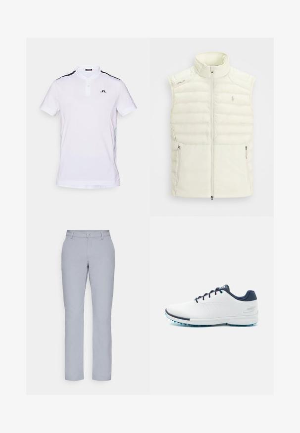 Balta pūkinė liemenė su aukštu apykakle, zip užtrauktuku, šoninėmis kišenėmis ir subtiliu siuvinėjimu; ant krūtinės yra maža logo.; Balta polo marškinėliai su trumpomis rankovėmis, sagų apykakle ir juodais akcentais ant pečių. Pagaminti iš kvėpuojančios medžiagos su lygiu paviršiumi.; Šviesiai pilkos kelnes su tiesiu kirpimu, mygtuko uždarymu, priekinėmis kišenėmis ir lygia, tekstūruota medžiaga. Minimalistinis dizainas, be raštų.; Balti sportiniai bateliai su lygiu sintetinės medžiagos paviršiumi, mėlynais akcentais, tekstūruotu tamsiai mėlynu kulnu ir lengvu, adatiniu padu geresniam sukibimui.