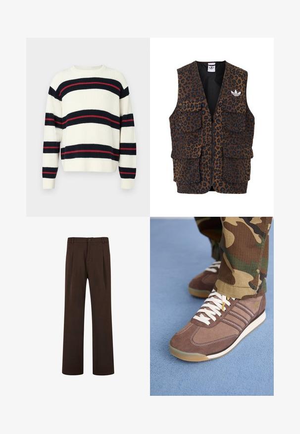 adidas Originals GRAPHIC UNISEX - Brezrokavnik - bronze strata; Črtasta pulover v krem barvi, ki ima mornarsko modre in rdeče horizontalne črte. Narejen je iz debelega pletenega materiala, z dolgimi rokavi in krobnim ovratnikom.; Rjave hlače s ravno krojem, z gumbom za zapiranje in z gubami, izdelane iz gladkega materiala. Brez vidnih žepov ali vzorcev.; Rjavi semiš športniki z belimi vezalkami in svetlimi poudarki, z značilnimi tremi črtami ob straneh in teksturiranim gumijastim podplatom.
