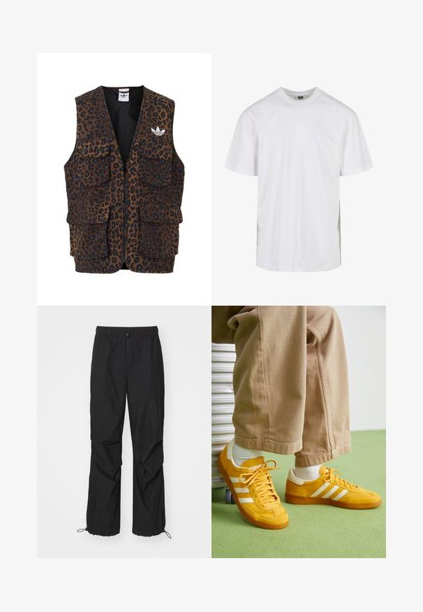 adidas Originals GRAPHIC UNISEX - Smanicato - bronze strata; T-shirt bianca in cotone con scollatura rotonda e maniche corte. Il design è semplice, senza motivi o accenti.; Pantaloni da corsa neri, leggeri, con vita elasticizzata, dettagli con zip e polsini regolabili; presentano una vestibilità ampia e una texture liscia.; Sneaker in suede giallo con strisce bianche, dotate di suola in gomma, lacci in tessuto e collare imbottito, abbinate a pantaloni in cotone beige.