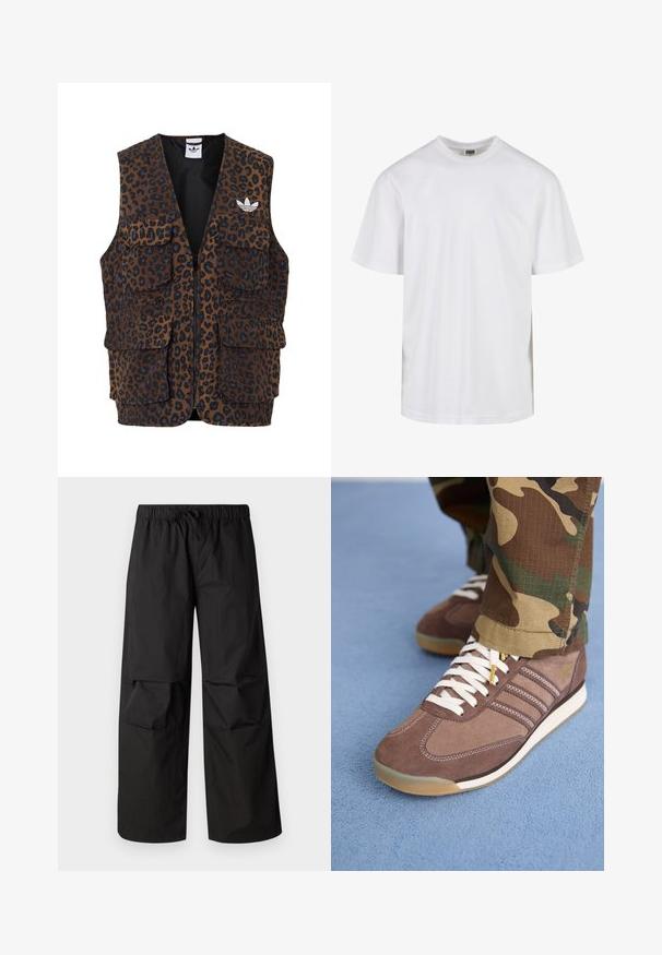 adidas Originals GRAPHIC UNISEX - Vestă - bronze strata; Tricou alb din bumbac cu decolteu rotund și mâneci scurte. Designul este simplu, fără tipare sau accente.; Pantaloni negri cu picioare ample dintr-un material ușor, cu un talie elastică și sfoară, având detalii cu panouri la genunchi.; Adidași din suede maro cu șireturi albe și accente deschise, având trei dungi pe laterale și o talpă din cauciuc texturat.