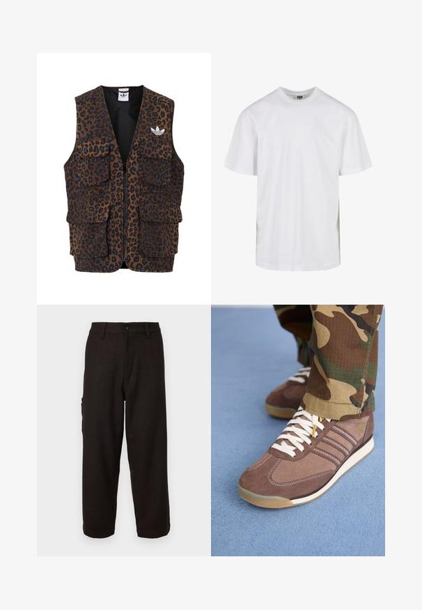 adidas Originals GRAPHIC UNISEX - Vest - bronze strata; Hvid bomulds T-shirt med rund halsudskæring og korte ærmer. Designet er enkelt uden mønstre eller accenter.; Sorte bukser med et herringbone-mønster, lige snit, knaplukning og sidelommer for funktionalitet. Blødt stof, skræddersyet pasform.; Brune ruskind sneakers med hvide snørebånd og lyse accenter, der har tre striber på siderne og en tekstureret gummisål.