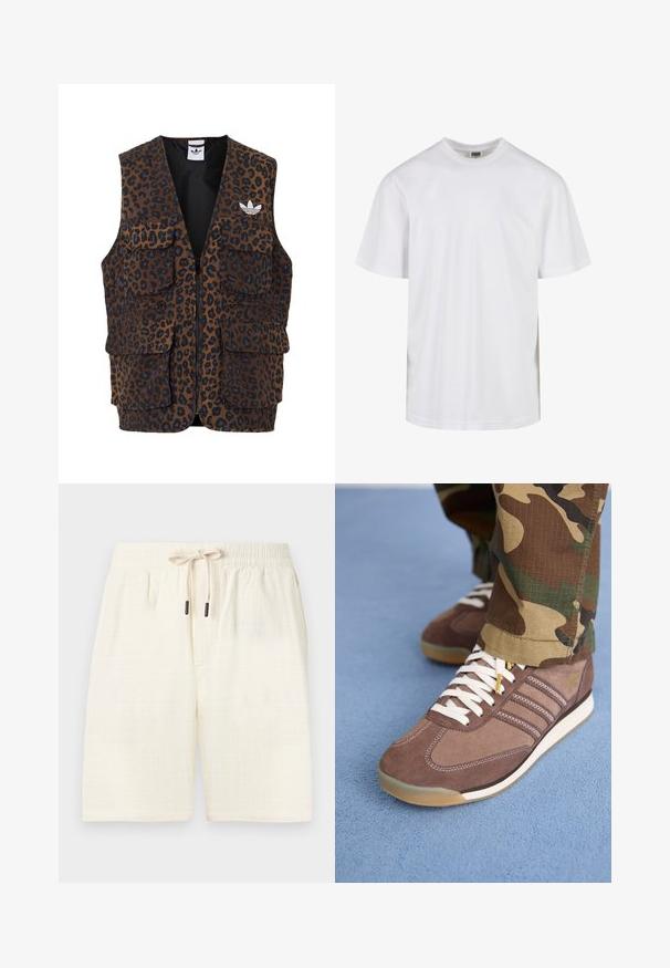 adidas Originals GRAPHIC UNISEX - Smanicato - bronze strata; T-shirt bianca in cotone con scollatura rotonda e maniche corte. Il design è semplice, senza motivi o accenti.; Pantaloni corti di colore crema realizzati in tessuto testurizzato con un motivo a quadretti. Presentano una vita elastica con stringa e due tasche laterali.; Sneaker in suede marrone con lacci bianchi e leggeri accenti, presentano tre strisce sui lati e una suola in gomma testurizzata.