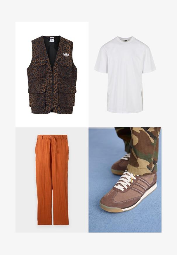 adidas Originals GRAPHIC UNISEX - Vest - bronze strata; Valge puuvillane T-särk ümmarguse kaeluse ja lühikeste varrukatega. Disain on lihtne, ilma mustrite või aktsentideta.; Rostevärvi püksid, mis on valmistatud tekstuurikast kangast, millel on sidumisvöö ja sirge jalgade disain. Lihtne ja ilma embellishmentseta stiil.; Pruuni siidised tossud valgete paelte ja heleda aktsendiga, mille külgedel on kolm triipu ja tekstureeritud kummine tall.