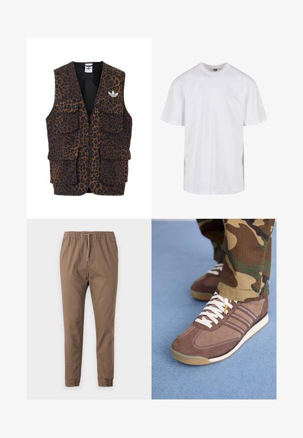 adidas Originals GRAPHIC UNISEX - Veste sans manches - bronze strata; T-shirt en coton blanc avec un col rond et des manches courtes. Le design est simple, sans motifs ni accents.; Pantalons bruns à taille élastique avec cordon de serrage réglable, jambes fuselées et ourlets à revers. Tissu doux avec une texture lisse et sans motifs visibles.; Baskets en suède marron avec des lacets blancs et des accents clairs, présentant trois bandes sur les côtés et une semelle en caoutchouc texturée.