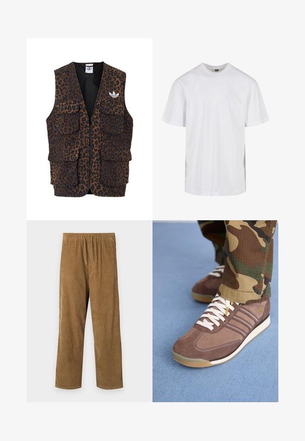 adidas Originals GRAPHIC UNISEX - Mellény - bronze strata; Fehér pamut póló kerek nyakkivágással és rövid ujjakkal. A dizájn egyszerű, minta és díszítés nélkül.; Meleg barna színű kordbársony nadrág, rugalmas derékkal és zsinórral, laza szabású és függőleges bordázott textúrájú.; Barna velúr sportcipők fehér fűzőkkel és világos részletekkel, oldalt három csíkkal és strukturált gumitalppal.
