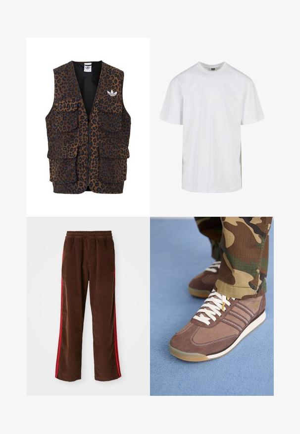 adidas Originals GRAPHIC UNISEX - Vestă - bronze strata; Tricou alb din bumbac cu decolteu rotund și mâneci scurte. Designul este simplu, fără tipare sau accente.; Pantaloni din corduroy maro cu un brâu elastic, cu dungi roșii pe lateral și picioare drepte. Material texturat cu detalii de ribbing subtile.; Adidași din suede maro cu șireturi albe și accente deschise, având trei dungi pe laterale și o talpă din cauciuc texturat.