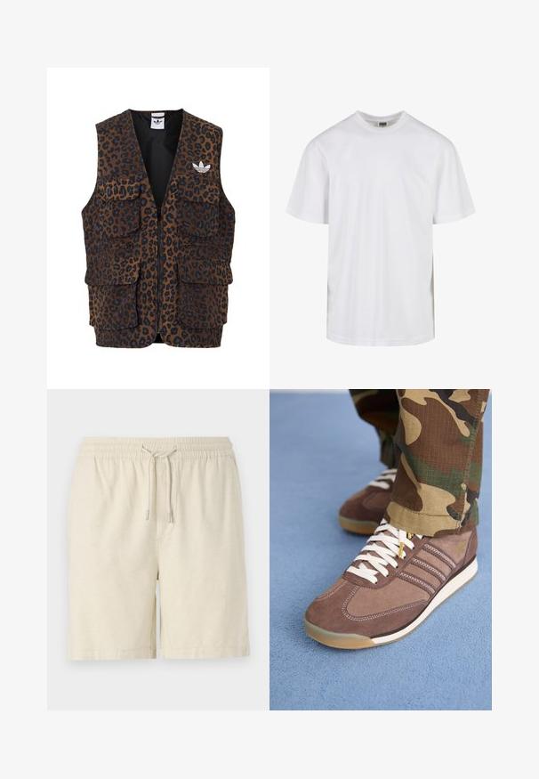 adidas Originals GRAPHIC UNISEX - Veste sans manches - bronze strata; T-shirt en coton blanc avec un col rond et des manches courtes. Le design est simple, sans motifs ni accents.; Shorts beige clair en tissu texturé. Dotés d'une taille élastique avec cordon de serrage et de poches latérales. Coupe classique et design décontracté.; Baskets en suède marron avec des lacets blancs et des accents clairs, présentant trois bandes sur les côtés et une semelle en caoutchouc texturée.