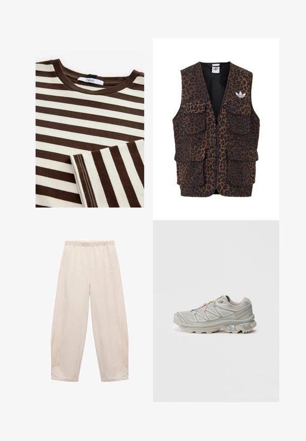 adidas Originals GRAPHIC UNISEX - Weste - bronze strata; Gestreiftes T-Shirt in Braun und Creme mit Rundhals, aus Baumwollstoff, subtilen Nähdetails und einem Etikett mit der Aufschrift "next" am Halsausschnitt.; Hosen mit elastischem Bund in Hellbeige. Aus weichem Stoff gefertigt, mit Seitentaschen und einem entspannten, lockeren Schnitt. An den Knöcheln schmal zulaufend.; Hellgrauer Sportschuh mit einer strukturierten Mesh-Oberfläche, reflektierenden Akzenten, ausgeprägter Profilsohle und bunten Schnürsenkeln. Verfügt über ein unterstützendes Design.