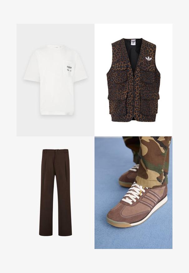 adidas Originals GRAPHIC UNISEX - Bodywarmer - bronze strata; Witte katoenen T-shirt met ronde hals, korte mouwen en een borstzakje aan de linkerkant met de tekst "ODESSA" en geruite accenten.; Bruine broeken met een rechtlopende snit, voorzien van een knoopsluiting en plooien, gemaakt van een gladde stof. Geen zichtbare zakken of patronen.; Bruine suède sneakers met witte veters en lichte accenten, met drie strepen aan de zijkanten en een gestructureerde rubberen zool.