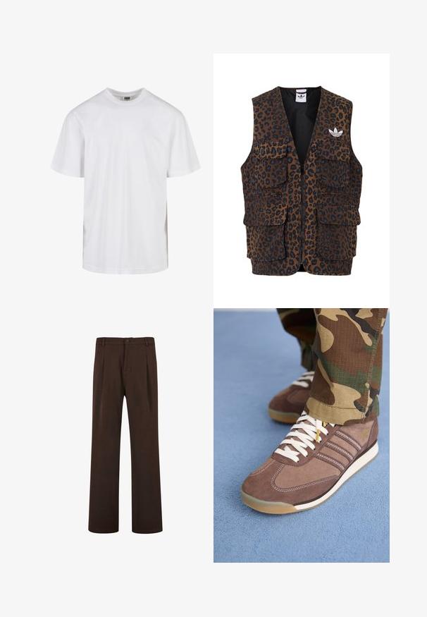 adidas Originals GRAPHIC UNISEX - Vesta - bronze strata; Bílý bavlněný tričko s kulatým výstřihem a krátkými rukávy. Design je jednoduchý, bez vzorů nebo akcentů.; Hnědé kalhoty se střihovým designem rovného nohavice, s knoflíkovým zapínáním a sklady, vyrobené z hladké látky. Žádné viditelné kapsy ani vzory.; Hnědé semišové tenisky s bílými tkaničkami a světlými akcenty, se třemi pruhy na bocích a textured gumovou podrážkou.