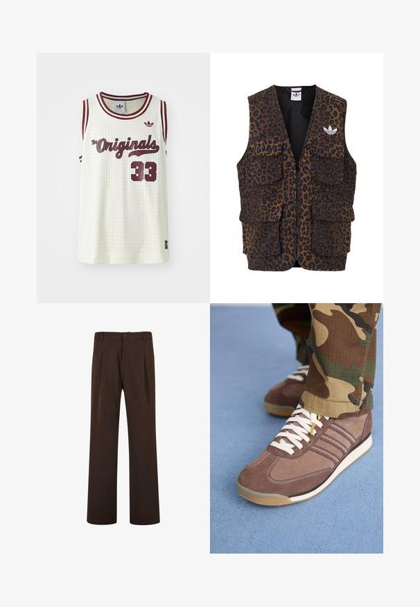 adidas Originals GRAPHIC UNISEX - Vest - bronze strata; Valge võrkkangas sansleeve jersey maroon aktsentidega, tekstiga "The Originals", number 33 ja väike logo vasakul rinnal.; Pruunid püksid otse säärega disainiga, nööbikinnitusega ja volditud, valmistatud siledast kangast. Ei ole nähtavaid taskuid ega mustreid.; Pruuni siidised tossud valgete paelte ja heleda aktsendiga, mille külgedel on kolm triipu ja tekstureeritud kummine tall.