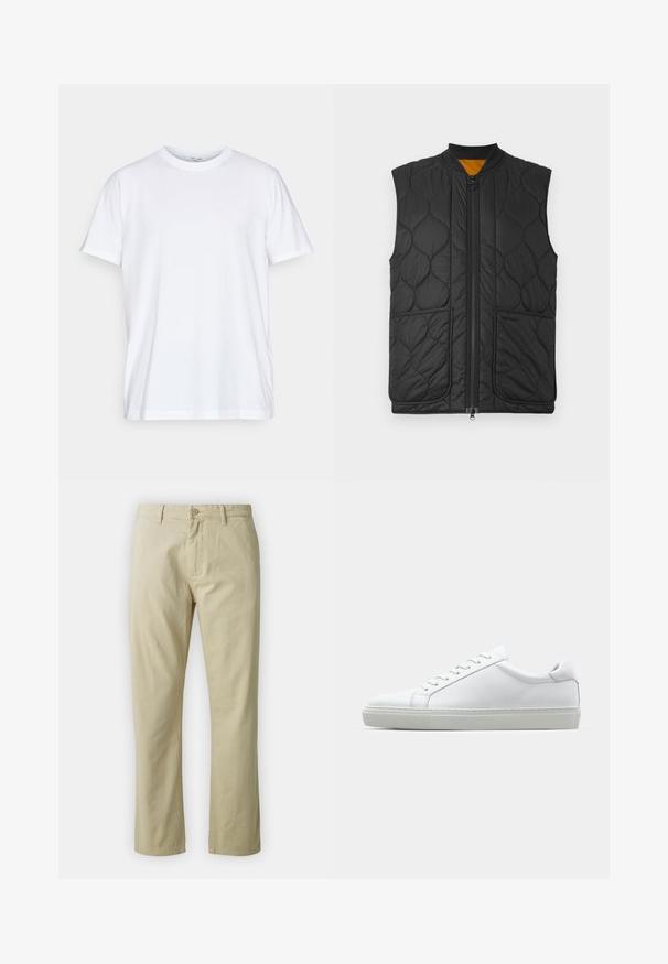 Mustmust vest musta lukkuga, ümmarguse kaelusega ja kahe esipocket'iga. Sees vooderdatud oranži kangaga.; Valge puuvillane T-särk lühikeste varrukatega, ümmarguse kaelusega ja mugava lõikega. Omab minimalistlikku disaini, ilma mustrite või aktsentideta.; Beezid puuvillased püksid sirge sääre kujundusega, esitasku nuppude sulgemise ja vööde abil. Sile tekstuur, ilma nähtavate mustrite või aktsentideta.; Valge tennisetoss, millel on sile nahk pealis ja madal profiil. Omab ümarat ninaosa, kuut silmust ja tekstuuriga kummist talda.