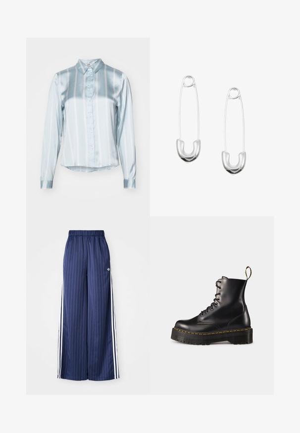 Grau gefütterte Weste mit Knopfverschluss, zwei seitlichen Taschen und einem kleinen farbenfrohen Markenlogo auf der linken Seite. Die Kanten haben einen kontrastierenden Saum.; Helles, blau gestreiftes Hemd aus Satin. Mit einem Kragen, Knopfleiste und langen Ärmeln mit glatten Manschetten. Horizontale und vertikale Streifen.; Navyblaue, weit geschnittene Hose mit vertikalen weißen Streifen, elastischem Bund und drei weißen Streifen an jeder Seite, aus leichtem Material gefertigt.; Schwarze Leder-Schnürstiefel mit knöchelhohem Schaft, einer robusten schwarzen Sohle und gelben Nähten. Verfügt über eine Lasche hinten und runde Metallösen.; Silberne Sicherheitsnadeln mit einem runden U-förmigen Design, das eine glänzende, glatte Oberfläche und offene, kreisförmige Enden für eine einfache Handhabung aufweist.