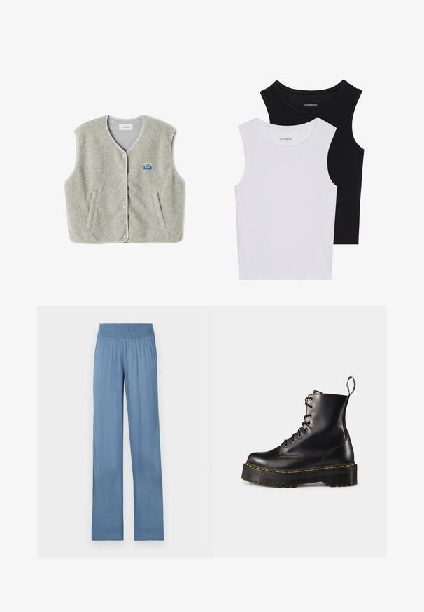 Gilet in pile grigio con chiusura a bottoni, due tasche laterali e un piccolo logo colorato del marchio sul lato sinistro. I bordi hanno un rivestimento a contrasto.; Due magliette senza maniche, in bianco e nero, realizzate in cotone a coste, con colli rotondi e un design aderente. Etichette visibili su entrambe.; Pantaloni azzurro chiaro a gamba larga con vita arricciata, realizzati in tessuto testurizzato, caratterizzati da una linea dritta e design a lunghezza intera.; Stivali alla caviglia in pelle nera con lacci, dotati di una suola nera spessa e cuciture gialle. Presentano una linguetta sul retro e occhielli metallici circolari.