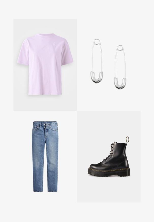 Szary polarowy kamizelka z zapięciem na guziki, dwiema bocznymi kieszeniami i małym kolorowym logotypem marki po lewej stronie. Krawędzie mają kontrastowe wykończenie.; Lawendowa bawełniana koszulka z krótkim rękawem, okrągłym dekoltem i małym białym logo po lewej stronie klatki piersiowej. Gładka tekstura i luźny krój.; Jasnoniebieskie jeansy denimowe o prostym kroju, z pięcioma kieszeniami i zapięciem na guziki. Charakteryzują się delikatnym wyblaknięciem oraz pomarańczowymi przeszyciami.; Czarne skórzane buty za kostkę z sznurówkami, z masywną czarną podeszwą i żółtym przeszyciem. Posiadają pętelkę z tyłu oraz okrągłe metalowe oczka.; Srebrne agrafki o zaokrąglonym kształcie U, charakteryzujące się błyszczącą, gładką powierzchnią i otwartymi okrągłymi końcami, co ułatwia ich użycie.